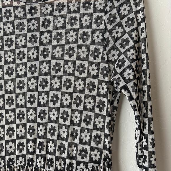 Dressed in Lala Dress Mesh Floral Checkered Long Sleeve Maxi Dress Black White S - Picture 6 of 8